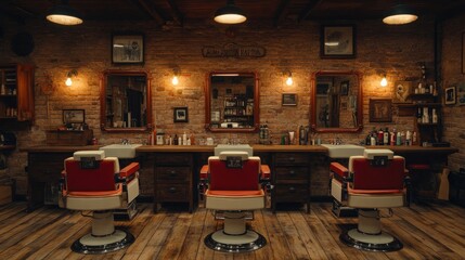Vintage Barbershop Interior With Classic Chairs and Warm Lighting. Generative AI