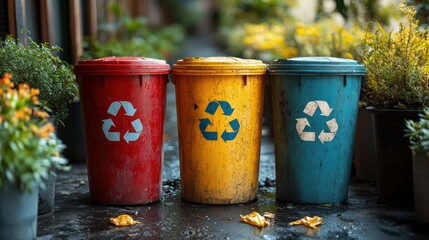 Naklejka premium Colorful Recycling Bins Surrounded by Greenery