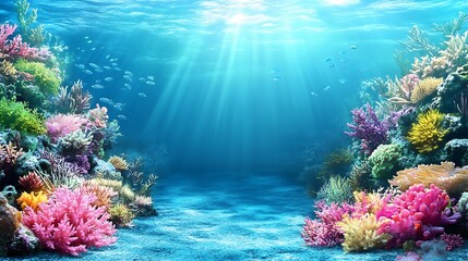 Vibrant coral reef scene with colorful corals, diverse fish, and sunbeams penetrating the clear ocean water.