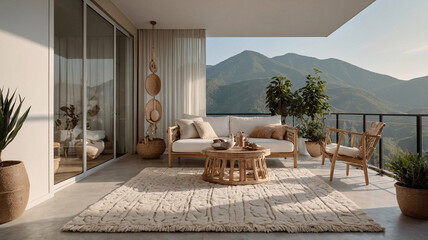 Fototapeta premium Cozy bohemian balcony with natural decor comfy couch green plants and a stunning mountain view from the balcony Bohemian Style Inspiration Interior Design Stock Photo