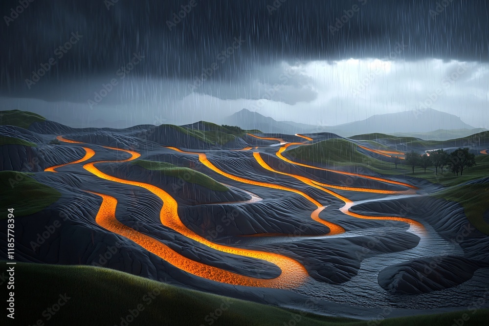 Poster captivating data driven landscape depicting the intricate flow of rainfall patterns across a sprawli