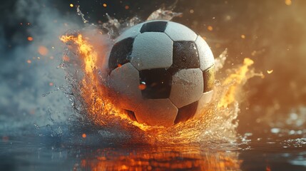 Fototapeta premium Football sports tournament modern poster template. Football ball exploding by elements fire and water. Soccer ball. 3d illustration.