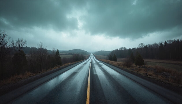 Wet empty road stretching into cloudy rural landscape