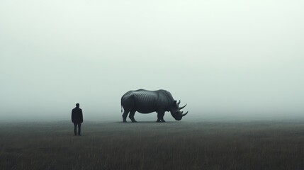 Obraz premium Man observing a rhino in a foggy field.
