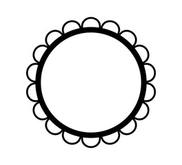 Scalloped edge circle frame. Simple round scalloped border. Fabric lace pattern frame. Repeat cute vintage frill ornament. Texture ribbon. Vector illustration isolated on white background.