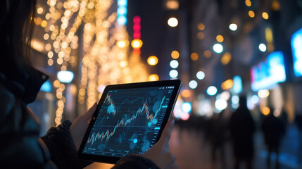 A person monitors stock market data on a tablet while surrounded by bright city lights. The atmosphere is lively as holiday decorations add warmth to the night.
