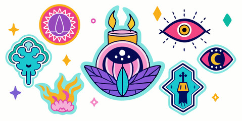 Colorful abstract sticker collection featuring eyes, flames, and symbols for creative design use