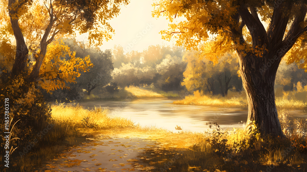 Poster a serene landscape with golden autumn trees framing a peaceful river under soft sunlight, creating a