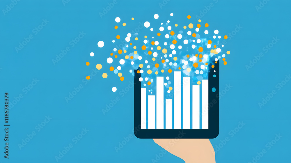 Aufkleber a hand holds a tablet displaying rising bars and colorful sparks, symbolizing growth, innovation, an
