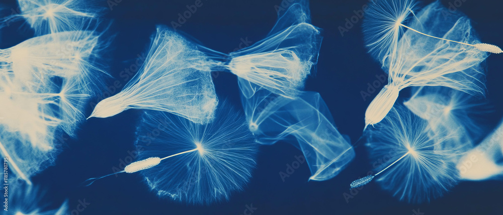 Poster x-ray view of dandelion seedhead showing delicate parachutes for dispersal
