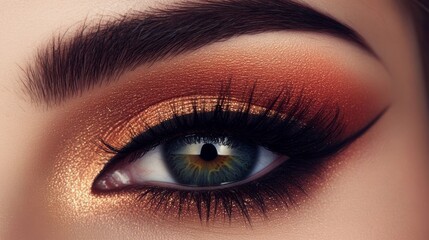 Obraz premium Closeup female eyes with bright make-up, great shapes brows, extreme long eyelashes. Celebrate makeup, luxury eyeshadows. Macro of beautiful eye. Good vision