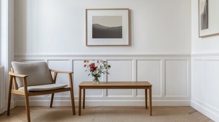 Fototapeta premium Minimalist living room with wooden chair, table, and artwork.