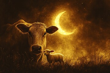 Golden Cow and Lamb Under Crescent Moon: A Nocturnal Pastoral Painting