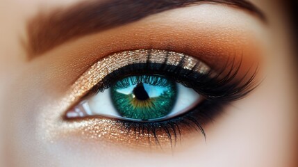 Obraz premium Closeup female eyes with bright make-up, great shapes brows, extreme long eyelashes. Celebrate makeup, luxury eyeshadows. Macro of beautiful eye. Good vision