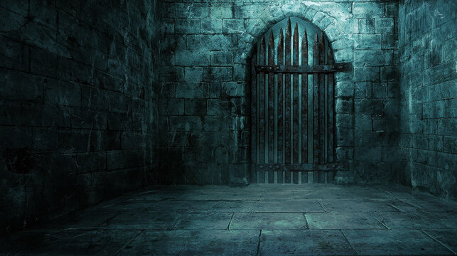 Dark and Decrepit Dungeon Corridor with Old Rusted Gate and Stony Walls - Powered by Adobe