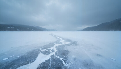 Fototapeta premium Frozen lake with crack under overcast winter sky