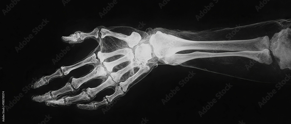 Poster detailed x-ray showing human hand bones with intricate and ghostly translucence