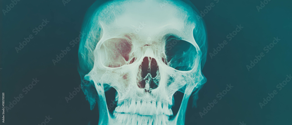 Poster x-ray view revealing anatomical details of human skull with empty eye sockets and haunting features