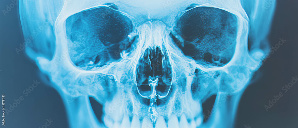 Poster detailed x-ray of human skull highlighting empty eye sockets and intricate anatomical features