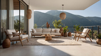 Peaceful balcony with bohemian style comfy seating natural ornaments green plants and scenic mountain vistas Bohemian Style Inspiration Interior Design Stock Photo