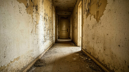Fototapeta premium Dimly Lit Hallway with Mold Patches and Neglected Walls in Abandoned Space