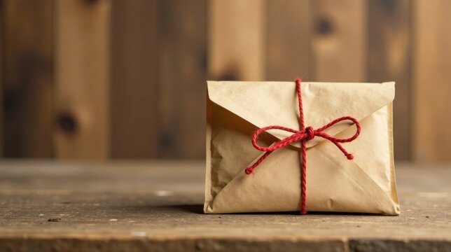 A Simple Brown Envelope Tied with a Crimson Cord on Rustic Wooden Surface
