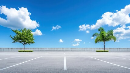 Fototapeta premium Spacious asphalt parking lot surrounded by trees under a clear blue sky with fluffy white clouds.