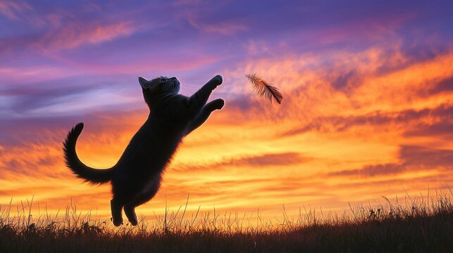 A playful cat jumping to catch a feather toy, silhouetted against a colorful sunset sky filled with streaks of orange and purple. - Powered by Adobe