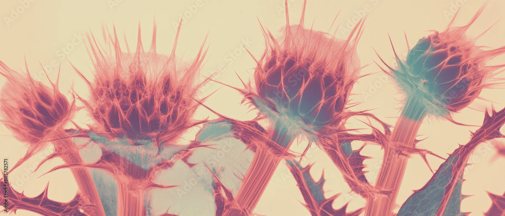 Poster x-ray view of thistle flower showcasing its spiky bracts and resilient structure