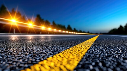 Fototapeta premium Nighttime road view with luminous lights urban setting photography calm atmosphere low angle perspective travel concept