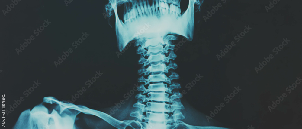 Poster x-ray view of human cervical spine with vivid contrast highlighting structures and shadows