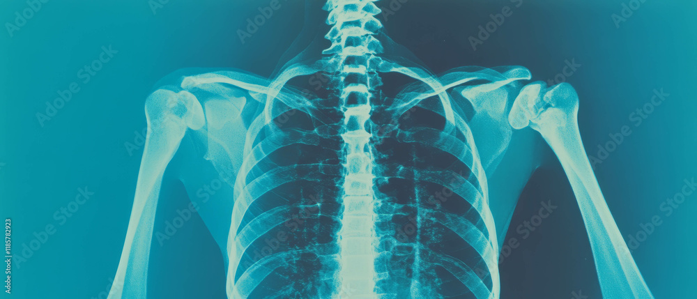 Poster x-ray view of human torso highlighting ribs and spinal structure in clear detail