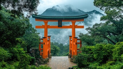 Serene Japanese Torii Gate in Misty Mountain Landscape