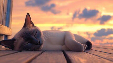 A relaxed Siamese cat napping on a wooden deck, its eyes half-closed, with a serene, pastel-colored evening sky in the background.