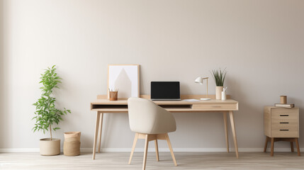Modern minimalist home office with a light wood desk, white furniture, and a potted plant. Ideal for remote work or study in a clean, organized space.