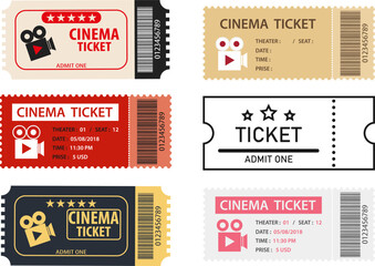 Set of cinema tickets, set of retro cinema tickets isolated on white background. Vector, cartoon illustration. Vector.