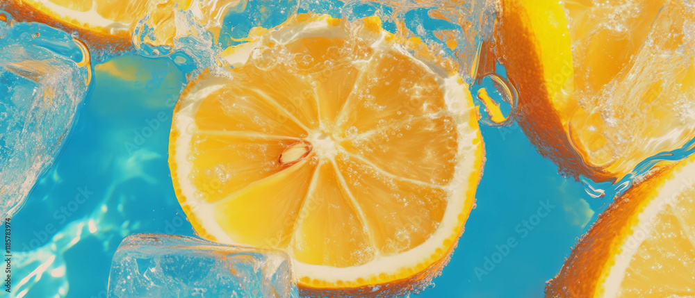 Poster Bubbly lemonade pattern featuring ice and fresh citrus slices for a refreshing summer vibe