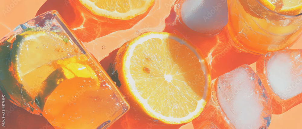 Poster Bubbly lemonade pattern with ice and fresh citrus fruits for summer refreshment