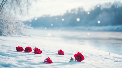 Red Roses Laying on Snowy Ground by a Calm Winter River Scene