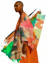 Afro Fashion Collage Woman in Bold Orange Kimono with Modern Art Style