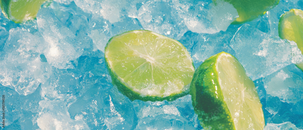Poster Refreshing frozen margarita with crushed ice and lime slices creates vibrant seamless pattern