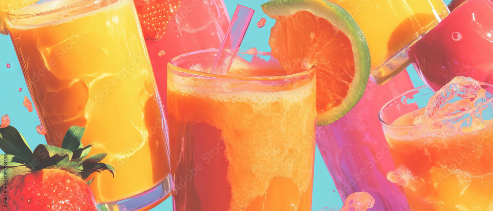Poster colorful fruit juice and pulp pattern showcasing refreshing beverages and vibrant textures