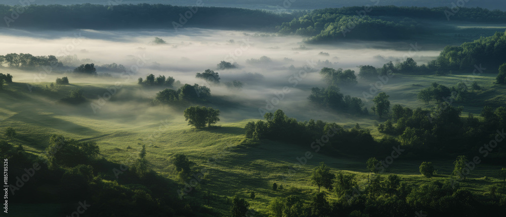 Poster mist envelops rolling hills at dawn, creating an ethereal landscape of tranquility
