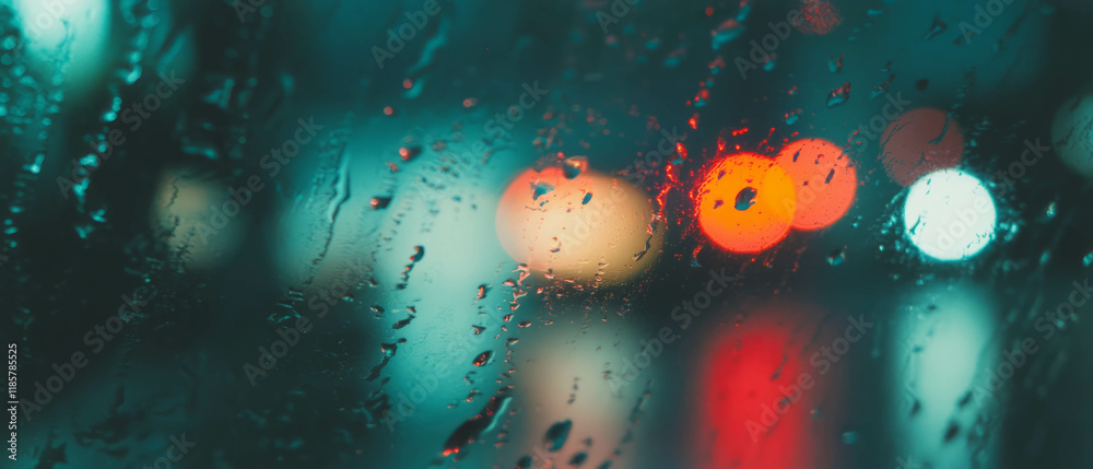 Poster raindrops create a seamless texture on glass with blurred city lights in the background
