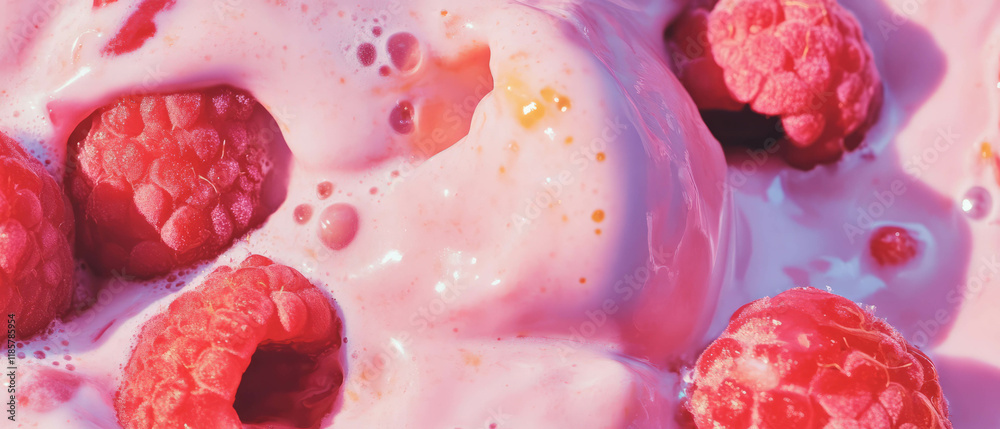 Poster creamy yogurt smoothie texture with fresh raspberries and vibrant colors in a seamless pattern