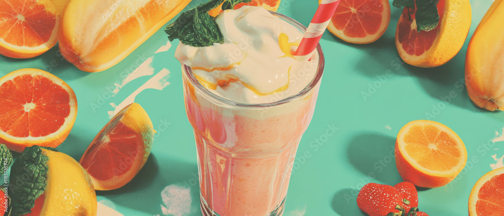 Poster creamy yogurt smoothie showcasing vibrant fruits in a delightful seamless pattern design