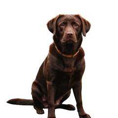 Chocolate Labrador sitting wearing a collar, isolated in white Labrador sitting in front of a white background Labrador Retriever dog, 

 
