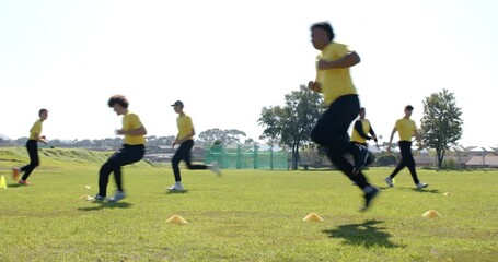 Running drills on field, athletes training with cones for cricket practice