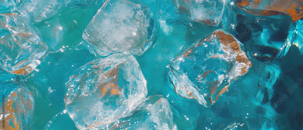 Poster Sparkling water with ice cubes creating a refreshing texture pattern in a clear drink