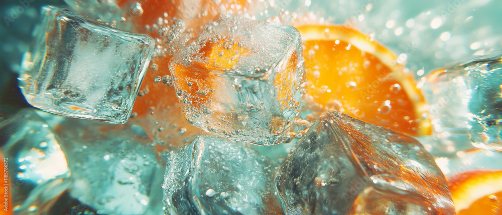 Poster Refreshing sparkling water with ice and citrus slices creating a lively texture